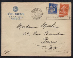 MARSEILLE - HOTEL BRISTOL / 1938 ENVELOPPE A ENTETE POUR PARIS  (ref LE2082) - Hotel- & Gaststättengewerbe