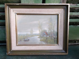 Ancien Tableau Paysage Pastoral Vaches Paissant En Bordure De Rivière Signé B. Peters. - Oils