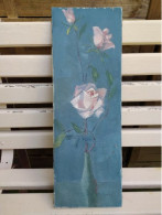 Tableau Huile Sur Toile Bouquet De Roses Sur Fond Bleu Signé Leray - Oleo