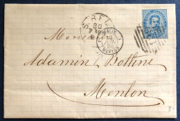 France Lettre De San Remo (Italie), TAD Entrée ITALIE / MENTON 30.7.1880 - (C749) - Marques D'entrées