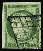 Obl N°2 15c Vert Obl. Grille Avec De Jolies Marges Régulières, Infime Trou D'épingle. Très Beau D'aspect - 1849-1850 Ceres