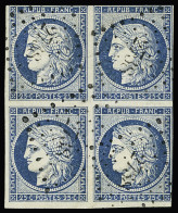 Bloc De 4,obl N°4 25c Bleu En Bloc De 4, Filet Touché En Haut Et Effleuré En Bas à Droite, Obl. PC 2738 De Rouen (Seine - 1849-1850 Cérès