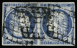 Obl N°4c 25c Bleu En Paire Tête-bêche, Obl. Grille, Léger Pelurage De Charnière, TB D'aspect. Signé Calves - 1849-1850 Ceres