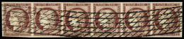 Obl N°6 1f Carmin En Bande De Six Obl. Grille Sans Fin, Bien Margé, Léger Pli Repassé Sinon TTB, RR. Signé JF.Brun - 1849-1850 Ceres