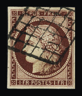 Obl N°6b 1f Carmin Foncé, Obl. Grille, Superbe Nuance, Un Infime Point De Pelurage, TTB. Signé Scheller - 1849-1850 Ceres