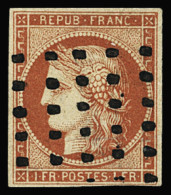 Obl N°7a 1f Vermillon Vif, Belle Nuance, Oblitéré Rouleau De Gros Points, Légère Trace De Pli Horizontal, TB, Rare. Cert - 1849-1850 Ceres