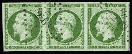 Obl N°12a 5c Vert-jaune En Bande De 3 Avec Voisin, Obl. PC 2568 (Prades, Pyrénées-Orientales), SUP - 1853-1860 Napoleon III