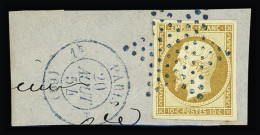 Sur Fragment N°13A 10c Bistre, Obl. étoile Bleue Et CàD Bleu T15 Paris (Seine) 20 Août 1854  Sur Fragment, TTB - 1853-1860 Napoleon III