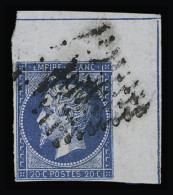 Obl N°14 20c Bleu, Coin De Feuille, Double Filet D'encadrement, Léger Aminci En Bord De Feuille, Obl. PC, TB. Signé Calv - 1853-1860 Napoléon III