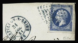 Sur Fragment,(*) N°14A 20c Bleu Avec Variété Sur Le Filet Droit, Obl. PC Bleu 815 (Châtillon-sur-Seine, Côte D'or) Avec  - 1853-1860 Napoleon III