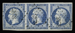 Obl N°15 25c Bleu En Bande De 3, Obl. PC 2878 (Sens, Yonne), Aminci De Charnière Sur Celui Du Milieu, B/TB. Signé Baudot - 1853-1860 Napoléon III.