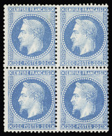 Bloc De 4,**,* N°29A 20C Bleu Type I En Bloc De 4, La Paire Du Bas Neuve Sans Charnière, Très Frais, TB. Signé A.Brun - 1863-1870 Napoleon III With Laurels