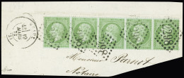 Obl N°35 5c Vert Pâle Sur Bleu En Bande De 5 Obl. GC 2298 (Meaux) Plus Càd T17 19 Mars 1872 Sur Fragment, TB, Signé JF B - 1862 Napoleone III
