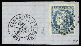 Obl, Sur Fragment N°45C 20c. Bleu, Obl. GC 1053 Sur Fragment Avec CàD T17 Clermont-Ferrand 24 Janv. 1871, TB. Signé Calv - 1870 Bordeaux Printing