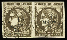 Obl N°47d 30c Brun Foncé, Paire Obl, Càd T7 10 Mars 71, TTB, R. Signé Baudot, Calves, Roumet - 1870 Ausgabe Bordeaux