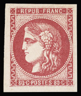 * N°49 80c Bordeaux, Petit Coin De Feuille, Neuf *, TTB, Très Frais. Signé A.Brun, Scheller - 1870 Bordeaux Printing