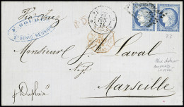 Lettre Col. Gen. N°23, 25c Bleu En Paire, OBL Losange De Points Muet + CAD Noir "Réunion St Denis" (1874) Sur Lettre Pou - Otros & Sin Clasificación