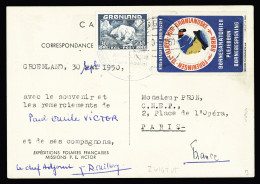 Lettre Groenland N°7 OBL Grand CAD "Gronland Departementet" (12.10.50) Sur CP Aurore Boréale Avec Grand Cachet Bleu EPF  - Other & Unclassified