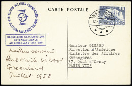 Lettre Groenland N°24 OBL CAD "Sdr Stromfjord" (12.7.1958) Sur CP Samivel Avec Cachet Rect Bleu "Expédition Glaciologiqu - Autres & Non Classés