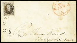 Lettre 1847 5c Red-brown On Bluish, Good To Large Margins All Around, Used With Black Circle Of Bars On Small Envelope F - Autres & Non Classés