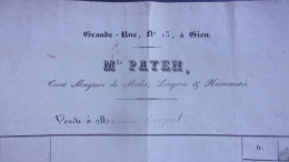 1840 GIEN MELLE PAYEN 13 GRANDE RUE TIENT MAGASIN MODES LINGERIES NOUVEAUTES - 1800 – 1899
