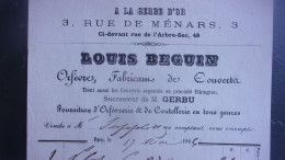 1866  PARIS 3 RUE DE MENARS CI DEVANT RUE ARBRE SEC LOUIS BEGUIN ORFEVRE FABRICANT DE COUVERTS - 1800 – 1899