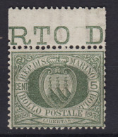 SAN MARINO 1892-94 STEMMA 5 CENTESIMI N.13 G.I MNH** BEN CENTRATO BORDO FOGLIO - Neufs