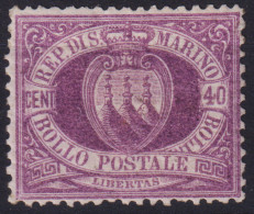 SAN MARINO 1877 40 CENTESIMI LILLA N.7 G.I MNH** CERT. BEN CENTR. - Unused Stamps