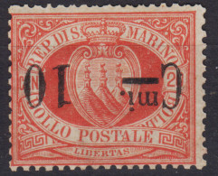 SAN MARINO 1892 STEMMA 10 C. SU 20 C. VARIETA' SOPR. CAPOVOLTA N.10a G.O MH* - Nuevos