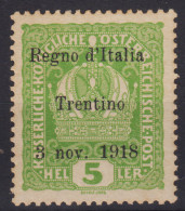 OCCUPAZIONI TRENTINO ALTO ADIGE 1918 5 HELLER N.2 G.O MH* - Trentino