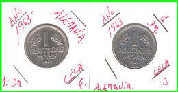 ALEMANIA - DEUTSCHLAND - GERMANY - 2 -MONEDAS DE 1.00 DM ESPIGAS Y AGUILA DEL AÑO 1963 CON LAS CECAS F - J. - 1 Mark