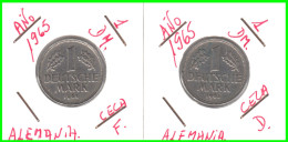ALEMANIA - DEUTSCHLAND - GERMANY - 2 -MONEDAS DE 1.00 DM ESPIGAS Y AGUILA DEL AÑO 1965 CON LAS CECAS - D - F. - 1 Mark
