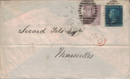 GRANDE BRETAGNE - BEL AFFRANCHISSEMENT AVEC LE 2 PENCE BLEU POUR MARSEILLE LE 18 JUILLET 1868. - Covers & Documents