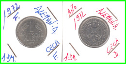 ALEMANIA - DEUTSCHLAND - GERMANY - 2 -MONEDAS DE 1.00 DM ESPIGAS Y AGUILA DEL AÑO 1972 CON LAS CECAS - D - F. - 1 Marco