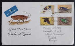 SD)1986, ZAMBIA, FIRST DAY OF ISSUE COVER, ZAMBIA BEETLES, TRICOLOR, LONG ANTENNAS, ORANGE POINTS, FRUIT BEETLES, FDC - Zambia (1965-...)