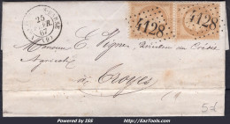 FRANCE N° 21x2 SUR LETTRE AVEC GC 4128 VENDEUVRE SUR BARSE AUBE DU 25/02/1867 - 1862 Napoléon III.