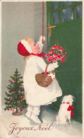 FÊTES ET VOEUX - Joyeux Noël -  Petite Fille En Blanc Avec Son Chien Frappant à Une Porte - Carte Postale Ancienne - Other & Unclassified