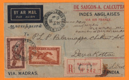 1936 - Envel Recommandé Par Avion De Saigon Vers Devakotta, Inde Via Saigon / Calcutta / Madras Air France - Poste Aérienne