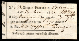 Antichi Stati Italiani - Stato Pontificio - Bologna 18.11.1844 - Ricevuta Di Assicurata Per Firenze - Autres & Non Classés