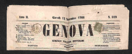 Regno - Vittorio Emanuele II - 1 Cent (14) Isolato Su Giornale “Genova” Del 15.11.66 Per Verona - Sonstige & Ohne Zuordnung