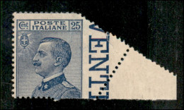 Regno - Vittorio Emanuele III - 1908 - 25 Cent Michetti (83 Varietà) Bordo Foglio - Dentellatura Anomala A Destra - Gomm - Autres & Non Classés