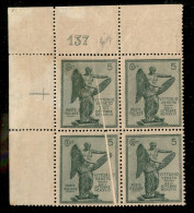 Regno - Vittorio Emanuele III - 1921 - 5 Cent Vittoria (119d + 119) - Quartina Angolare Con Numero Di Tavola (137) E Fil - Sonstige & Ohne Zuordnung