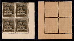 C.L.N. - Aosta - 1944 - 10 Cent + 5 Lire (5) - Quartina Angolare Con Soprastampa Ripetuta A Secco Sul Margine Destro - G - Autres & Non Classés