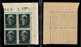 C.L.N. - Mantova - 1945 – 15 Cent + 1,85 Lire (2) – Quartina Angolare – Errore Manrova (2h) In Basso A Destra – Gomma In - Other & Unclassified