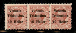 Occupazioni I Guerra Mondiale - Trentino-Alto Adige - 1918 - 10 Heller Su 10 Cent (29) - Striscia Di 3 Con Spazio Tipogr - Other & Unclassified