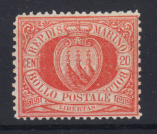 SAN MARINO 1877-90 20 CENTESIMI ROSSO N.4 G.O MLH* BUONA CENTRATURA - Nuovi