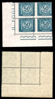 Repubblica - 1957 - 50 Lire (118/IIf) - Quartina Angolare Con Dentellatura Verticale Spostata E Sul Bordo (inizio Fila)  - Autres & Non Classés