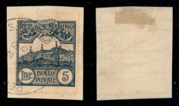 SAN MARINO - 1903 - 5 Lire Veduta (45) Usato Su Frammento (400+) - Autres & Non Classés