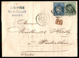 EUROPA - FRANCIA - 25 Cent (51) + 5 Cent (48) - Lettera Da Rouen A Winterthur Del 17.6.1873 - Sonstige & Ohne Zuordnung