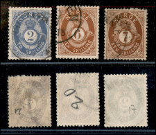 EUROPA - NORVEGIA - 1872/1875 - Corno Di Posta 2 + 6 + 7 Skilling (17a + 20/21) - 3 Valori Della Serie - Usati (185) - Autres & Non Classés